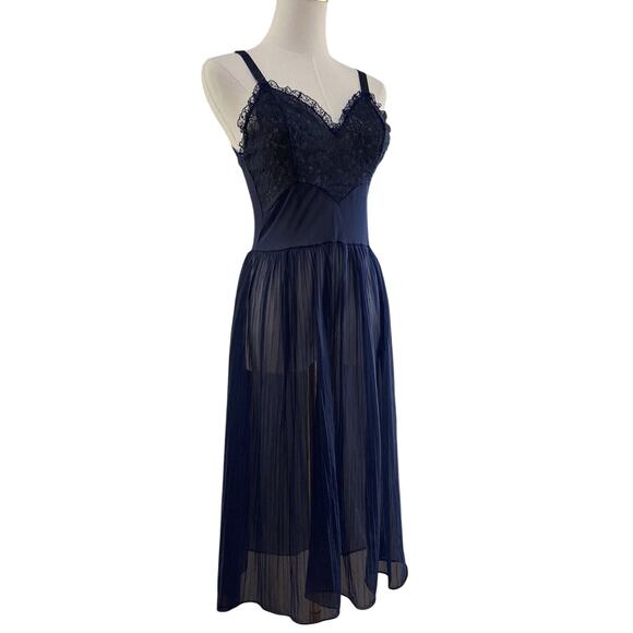 Vintage 50s Navy Lace & Nylon Chiffon Crystal Pleated Full Slip Dress Size S - Picture 4 of 9